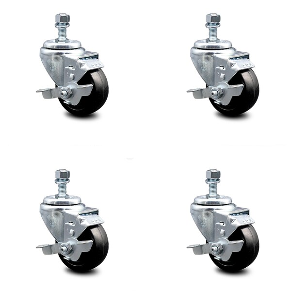 3 Inch Hard Rubber Wheel Swivel 10mm Threaded Stem Caster Set with Brake SCC